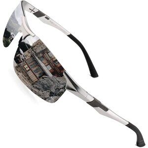 Mens Silver Mirrored Lens Al-Mg Metal Frame Polarized Fishing Golf Goggles